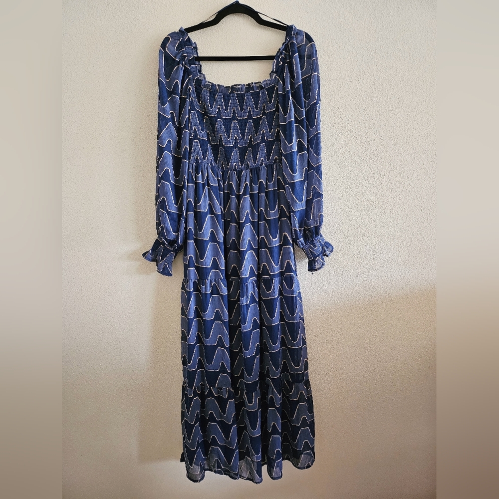 Elegant Moon River Blue Patterned Dress From Anthropologie